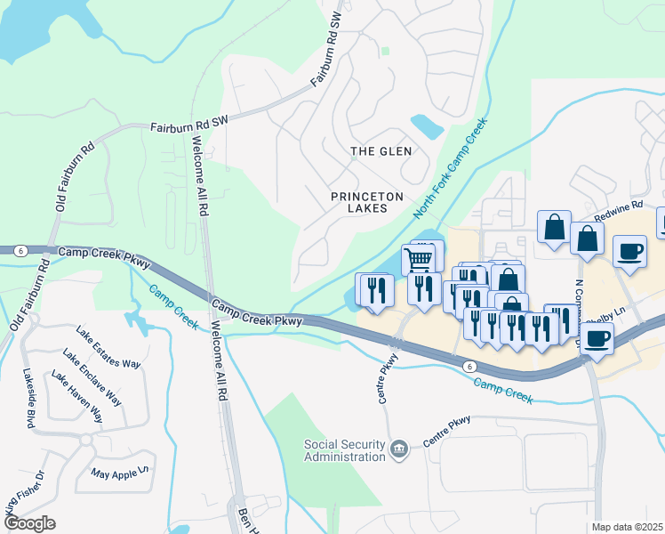 map of restaurants, bars, coffee shops, grocery stores, and more near 3973 Princeton Lakes Pass SouthWest in Atlanta