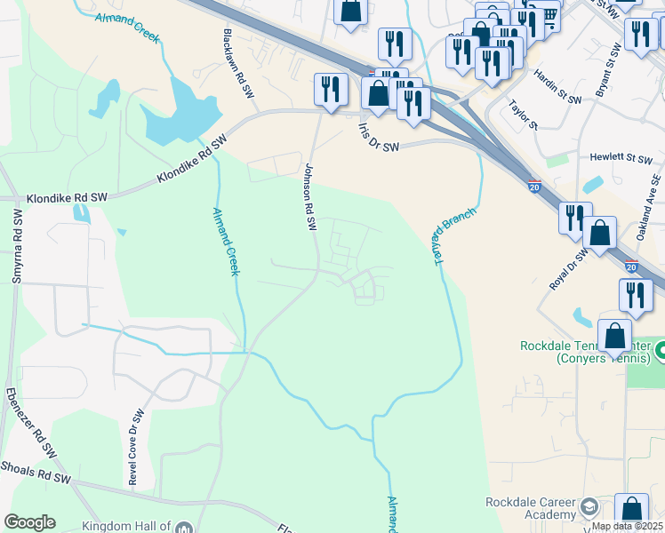 map of restaurants, bars, coffee shops, grocery stores, and more near 1492 Spruce Drive in Conyers