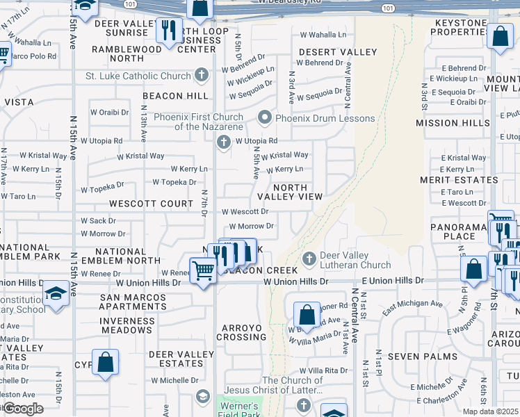 map of restaurants, bars, coffee shops, grocery stores, and more near 402 West Wescott Drive in Phoenix