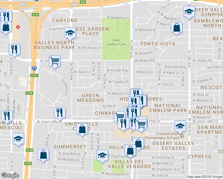 map of restaurants, bars, coffee shops, grocery stores, and more near 19010 North 20th Avenue in Phoenix