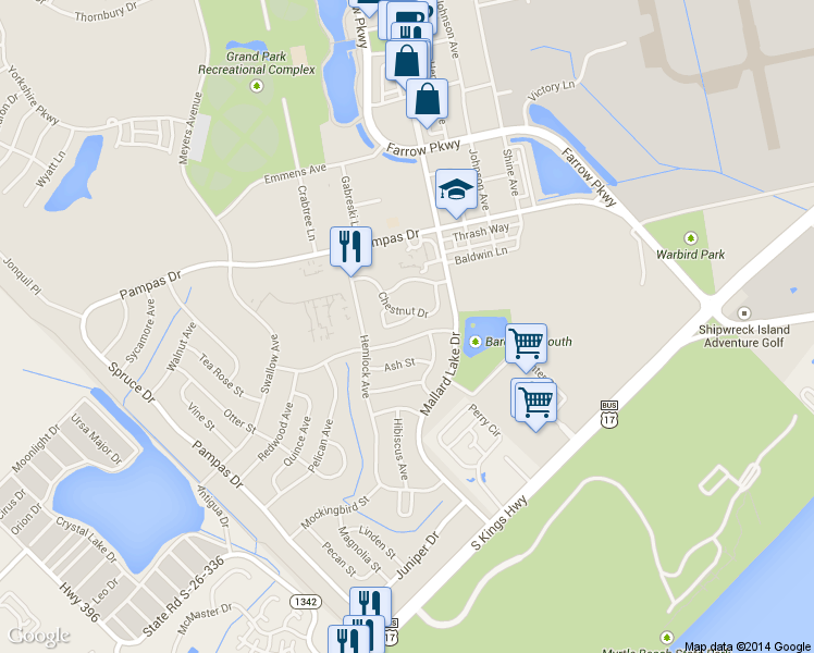 map of restaurants, bars, coffee shops, grocery stores, and more near 3521 Crepe Myrtle Court in Myrtle Beach