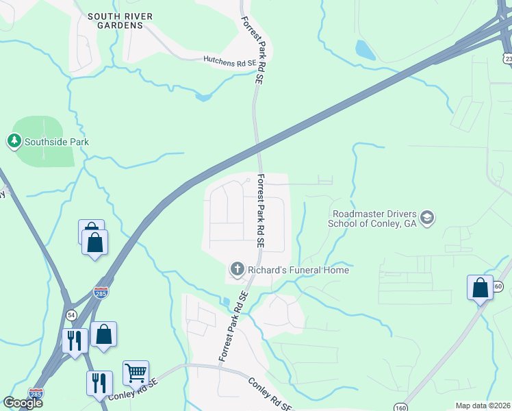 map of restaurants, bars, coffee shops, grocery stores, and more near 3494 Forrest Park Road Southeast in Atlanta