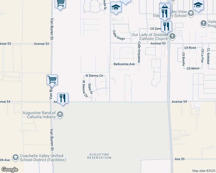 map of restaurants, bars, coffee shops, grocery stores, and more near 53828 East Sienna Circle in Coachella