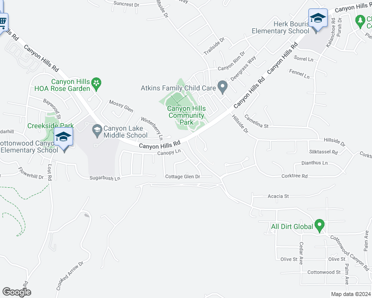 map of restaurants, bars, coffee shops, grocery stores, and more near 33086 Canopy Lane in Lake Elsinore