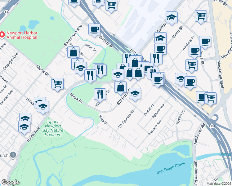 map of restaurants, bars, coffee shops, grocery stores, and more near 2052 Orchard Drive in Newport Beach