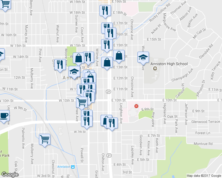 map of restaurants, bars, coffee shops, grocery stores, and more near in Anniston