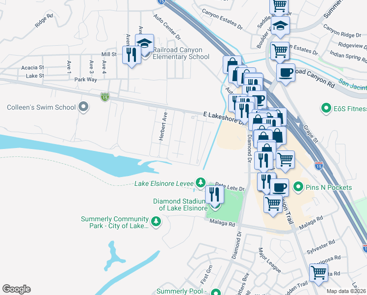 map of restaurants, bars, coffee shops, grocery stores, and more near 1800 East Lakeshore Drive in Lake Elsinore