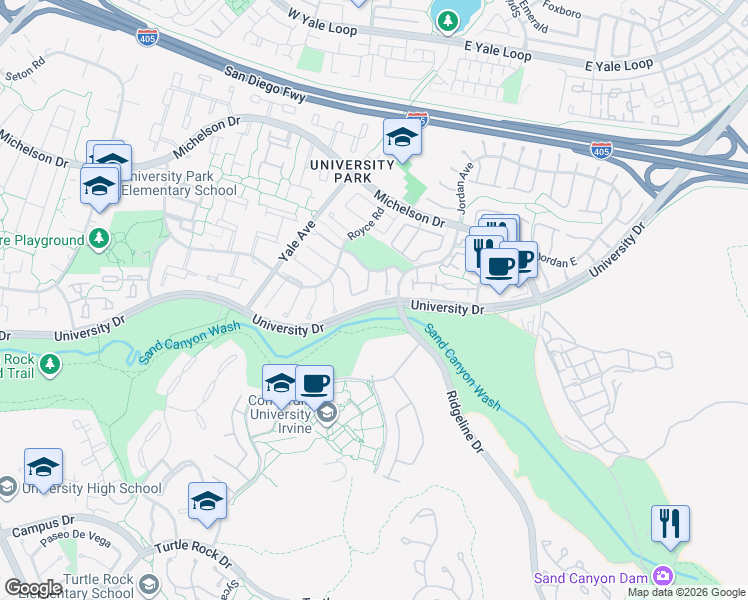 map of restaurants, bars, coffee shops, grocery stores, and more near 5151 University Drive in Irvine