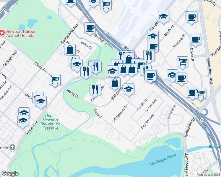 map of restaurants, bars, coffee shops, grocery stores, and more near 2052 Orchard Drive in Newport Beach