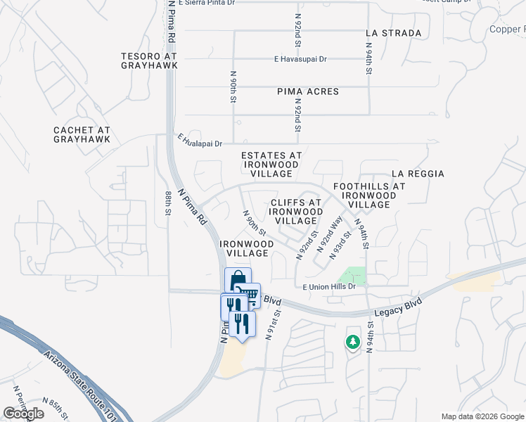 map of restaurants, bars, coffee shops, grocery stores, and more near 18974 North 90th Way in Scottsdale