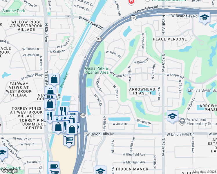 map of restaurants, bars, coffee shops, grocery stores, and more near 7853 West Kristal Way in Glendale
