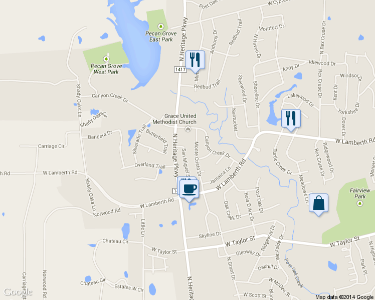 map of restaurants, bars, coffee shops, grocery stores, and more near 2413 San Miguel St in Sherman