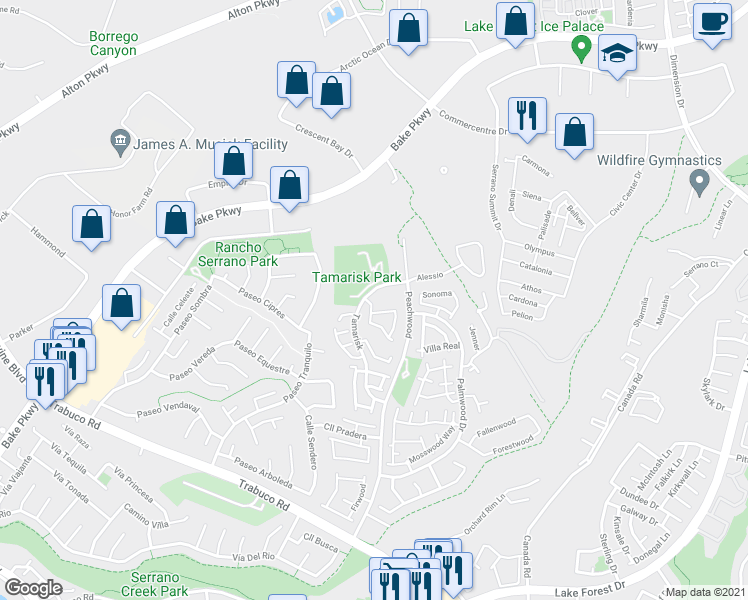 map of restaurants, bars, coffee shops, grocery stores, and more near 20962 Providence in Lake Forest