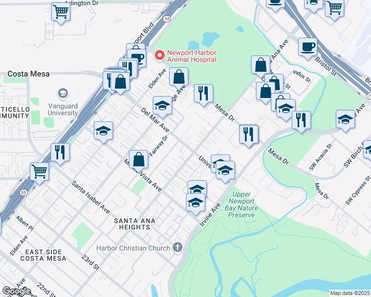 map of restaurants, bars, coffee shops, grocery stores, and more near 283 Del Mar Avenue in Costa Mesa