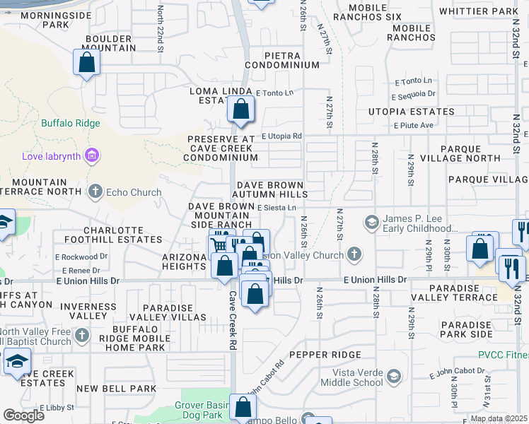 map of restaurants, bars, coffee shops, grocery stores, and more near 18849 North 25th Street in Phoenix