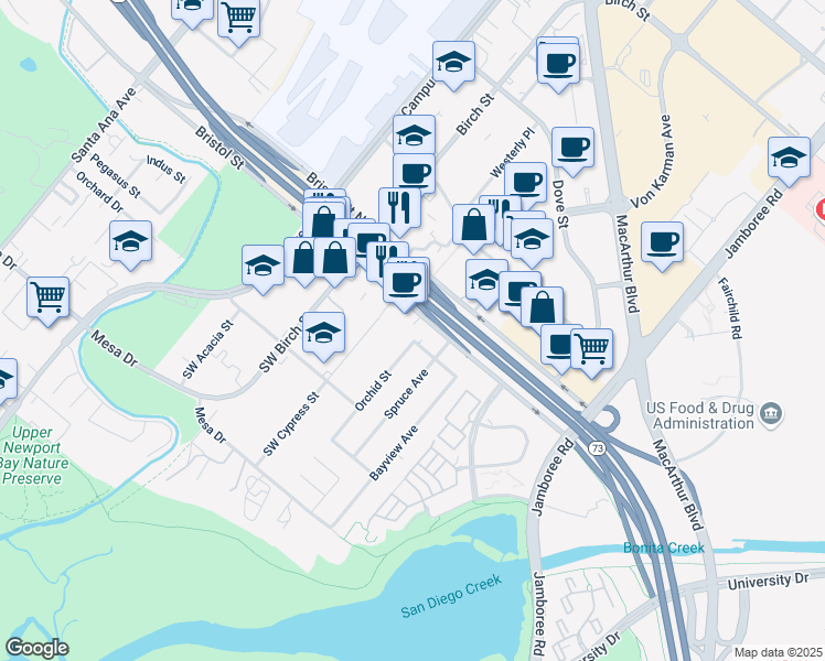 map of restaurants, bars, coffee shops, grocery stores, and more near 2301 Zenith Avenue in Newport Beach