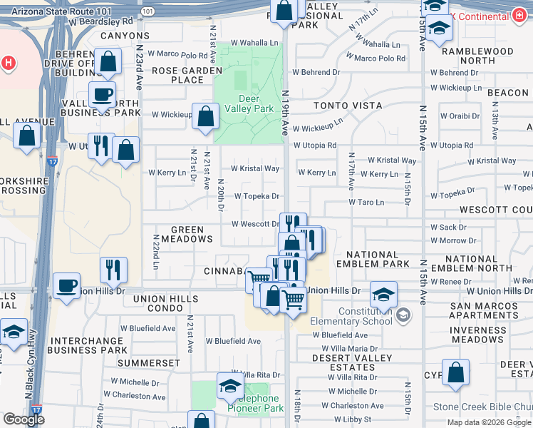map of restaurants, bars, coffee shops, grocery stores, and more near 1925 West Taro Lane in Phoenix