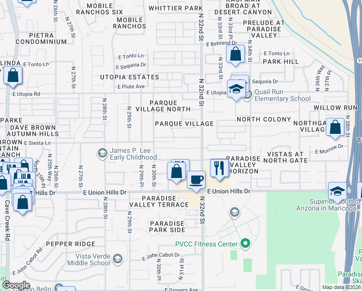 map of restaurants, bars, coffee shops, grocery stores, and more near 3104 East Wescott Drive in Phoenix