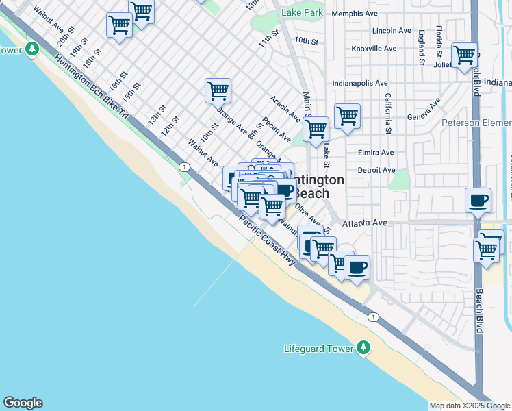 map of restaurants, bars, coffee shops, grocery stores, and more near 141 5th Street in Huntington Beach