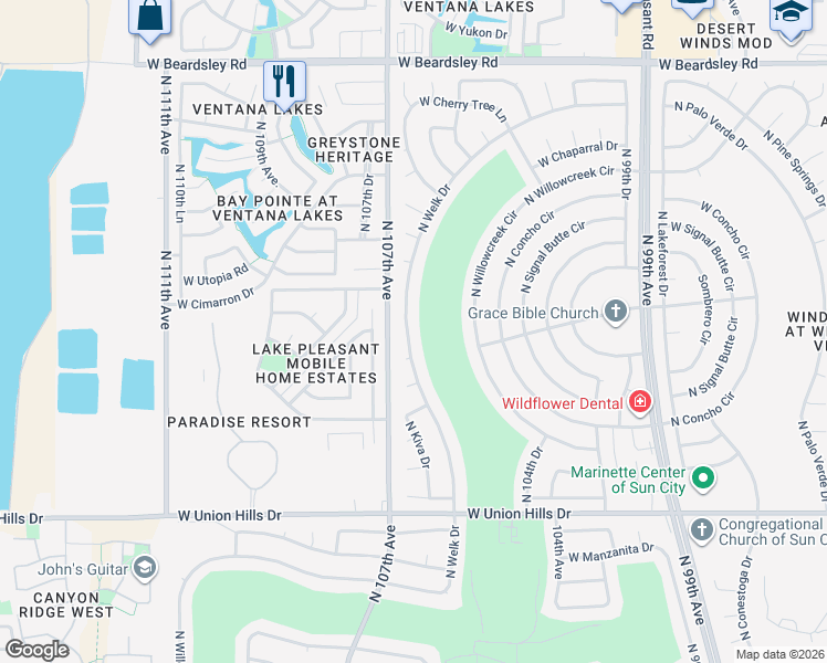 map of restaurants, bars, coffee shops, grocery stores, and more near 19209 North Welk Drive in Sun City