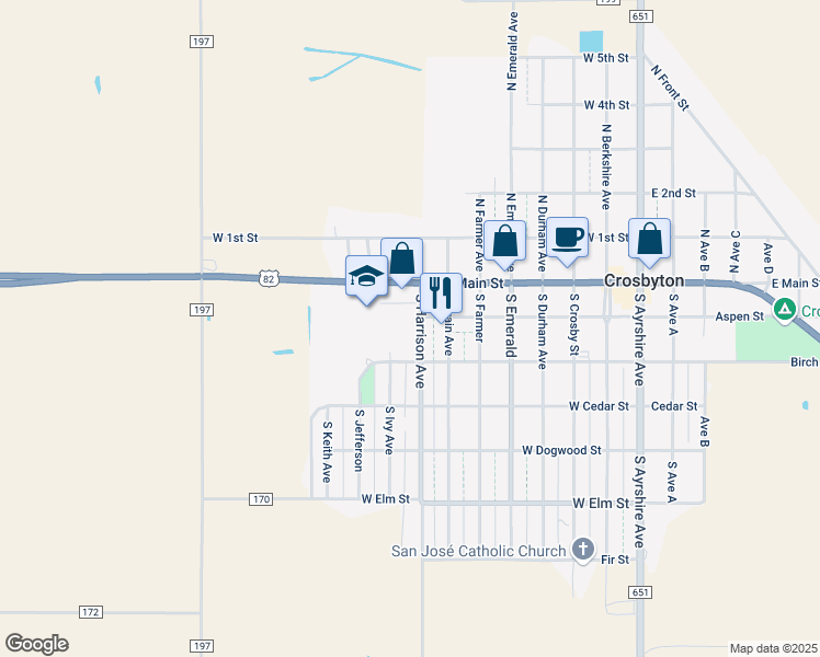 map of restaurants, bars, coffee shops, grocery stores, and more near 204 South Harrison Avenue in Crosbyton