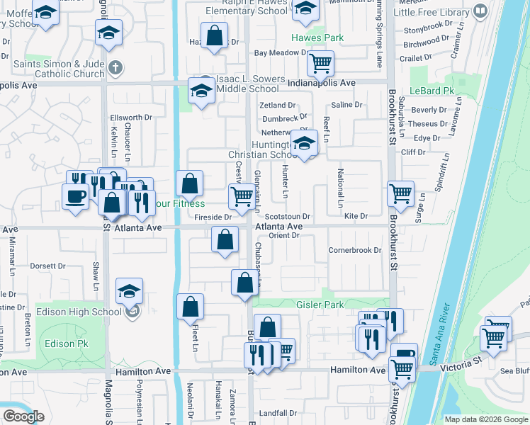 map of restaurants, bars, coffee shops, grocery stores, and more near 9541 Scotstoun Drive in Huntington Beach