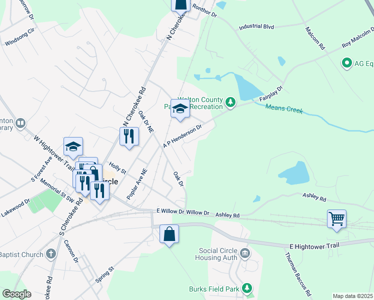 map of restaurants, bars, coffee shops, grocery stores, and more near 343 Cherry Street in Social Circle