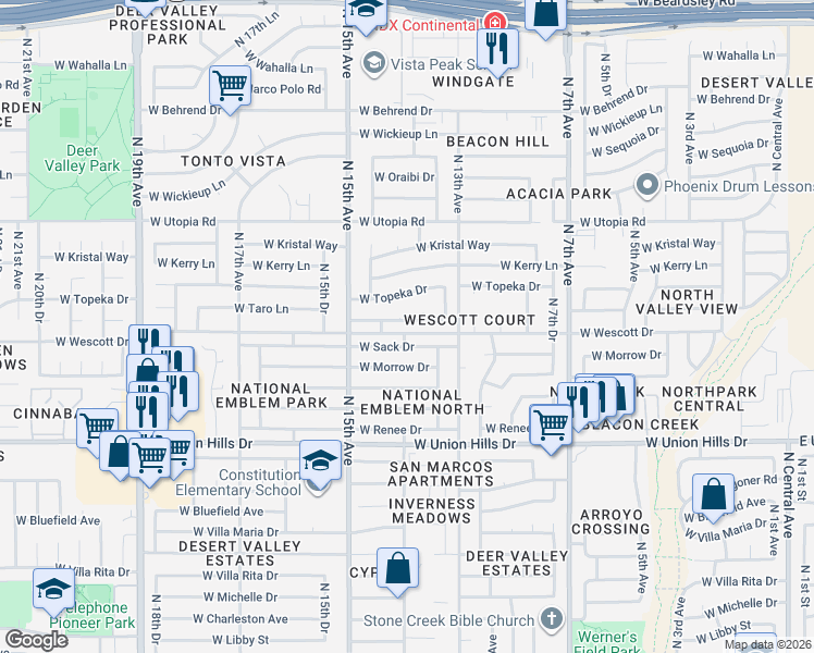 map of restaurants, bars, coffee shops, grocery stores, and more near 1339 West Taro Lane in Phoenix