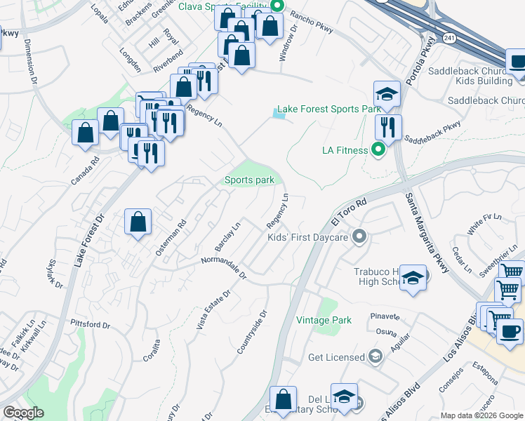 map of restaurants, bars, coffee shops, grocery stores, and more near 20941 Parkridge in Lake Forest
