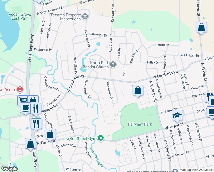 map of restaurants, bars, coffee shops, grocery stores, and more near 2410 Rex Cruse Dr in Sherman