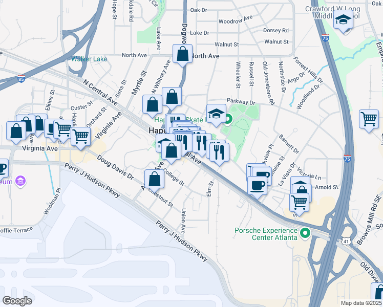 map of restaurants, bars, coffee shops, grocery stores, and more near 577 North Central Avenue in Hapeville