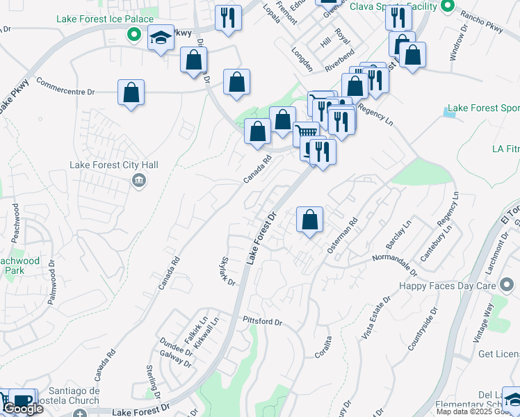 map of restaurants, bars, coffee shops, grocery stores, and more near 26266 Moor Glen in Lake Forest