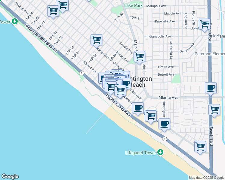 map of restaurants, bars, coffee shops, grocery stores, and more near 141 5th Street in Huntington Beach