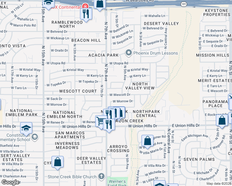map of restaurants, bars, coffee shops, grocery stores, and more near 524 West Wescott Drive in Phoenix