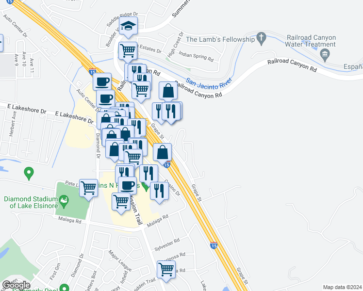 map of restaurants, bars, coffee shops, grocery stores, and more near 15663 Vista Way in Lake Elsinore