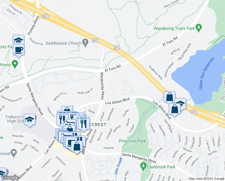 map of restaurants, bars, coffee shops, grocery stores, and more near 181 California Court in Mission Viejo