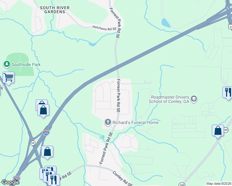 map of restaurants, bars, coffee shops, grocery stores, and more near 3494 Forrest Park Road Southeast in Atlanta