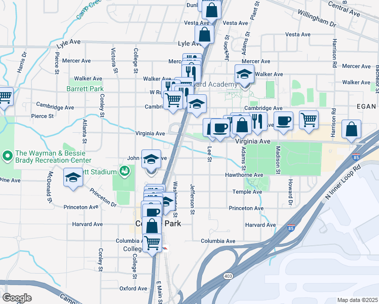 map of restaurants, bars, coffee shops, grocery stores, and more near 3548 Main Street in Atlanta