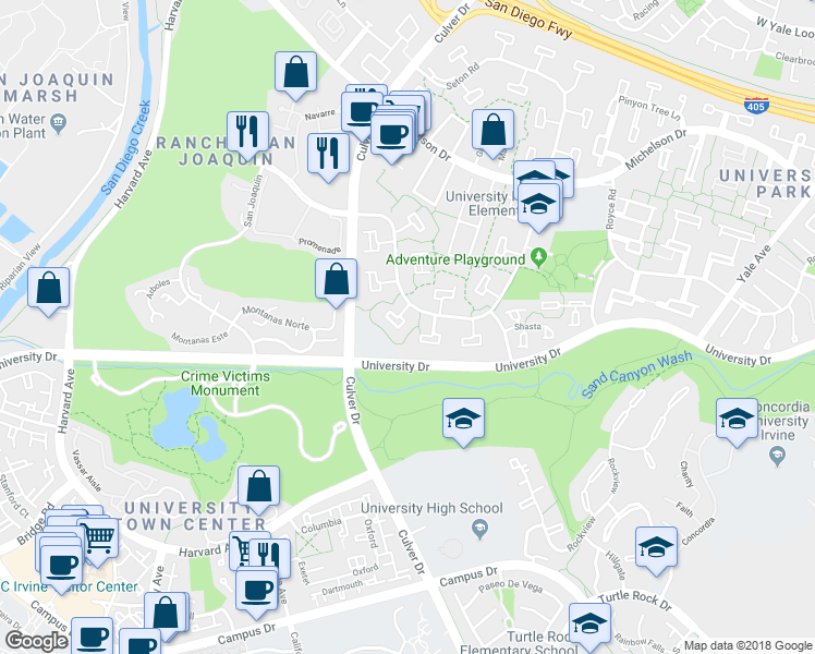 map of restaurants, bars, coffee shops, grocery stores, and more near 11 Mandrake Way in Irvine