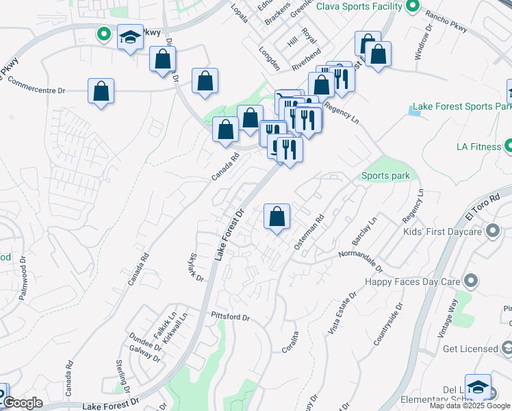 map of restaurants, bars, coffee shops, grocery stores, and more near 20011 Shamrock Glen in Lake Forest