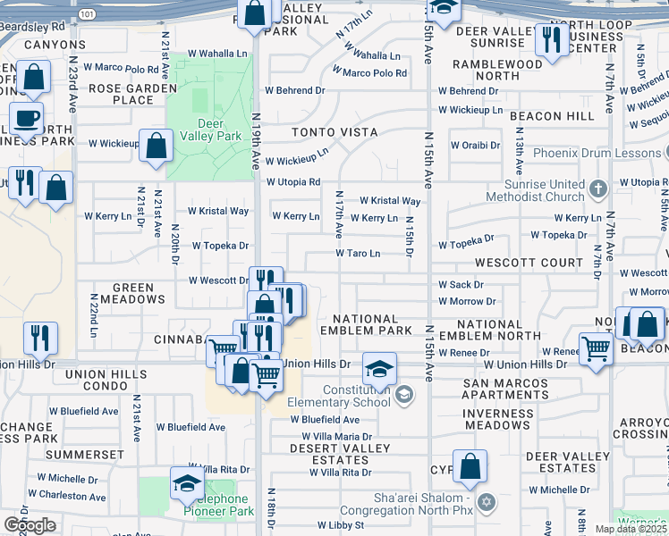 map of restaurants, bars, coffee shops, grocery stores, and more near 1714 West Wescott Drive in Phoenix
