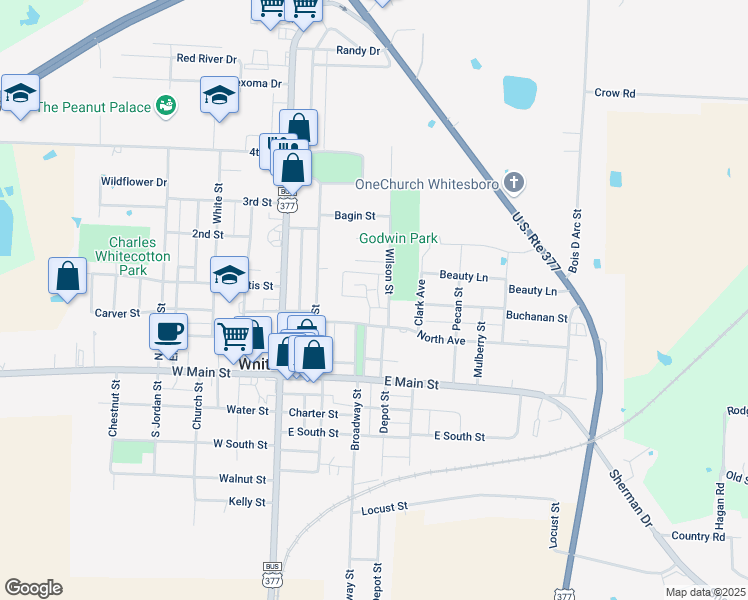 map of restaurants, bars, coffee shops, grocery stores, and more near 300 Trollinger Street in Whitesboro