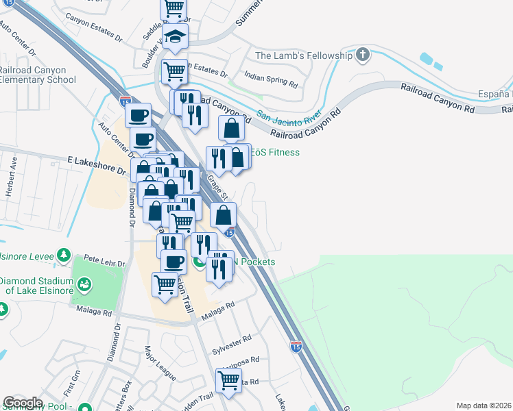 map of restaurants, bars, coffee shops, grocery stores, and more near 15663 Vista Way in Lake Elsinore