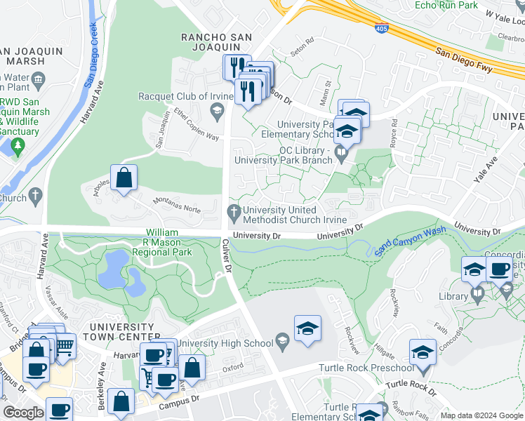 map of restaurants, bars, coffee shops, grocery stores, and more near 11 Mandrake Way in Irvine
