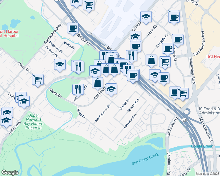 map of restaurants, bars, coffee shops, grocery stores, and more near 20162 Southwest Birch Street in Newport Beach