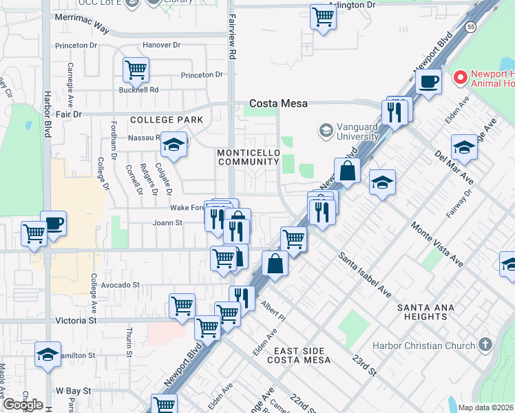 map of restaurants, bars, coffee shops, grocery stores, and more near 2300 Fairview Road in Costa Mesa