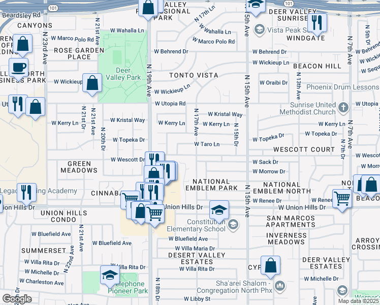 map of restaurants, bars, coffee shops, grocery stores, and more near 1714 West Wescott Drive in Phoenix