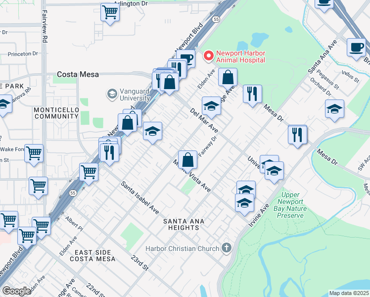 map of restaurants, bars, coffee shops, grocery stores, and more near 200 Calabria Court in Costa Mesa