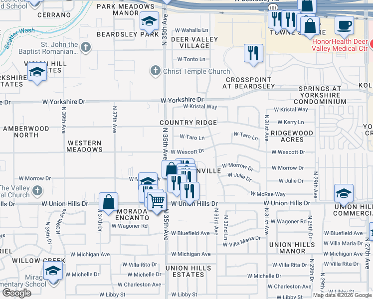 map of restaurants, bars, coffee shops, grocery stores, and more near 19001 North 34th Avenue in Phoenix