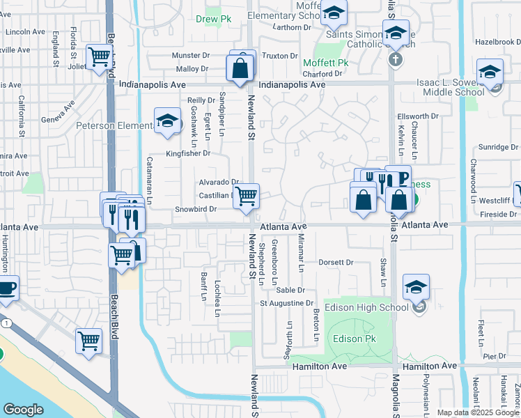 map of restaurants, bars, coffee shops, grocery stores, and more near 8566 Van Ness Court in Huntington Beach